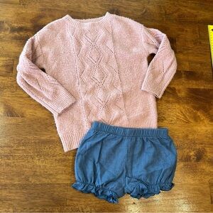 Sweethoney pink slightly fuzzy sweater with cotton linen bloomer shorts size 3
